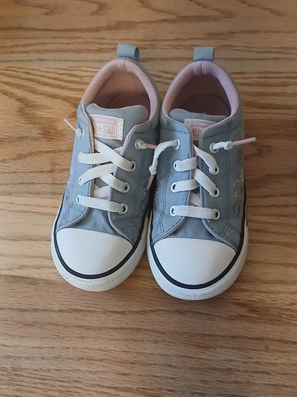 Converse Kids Blue Canvas Sneakers with Pink Lining and Floral Embroidery
